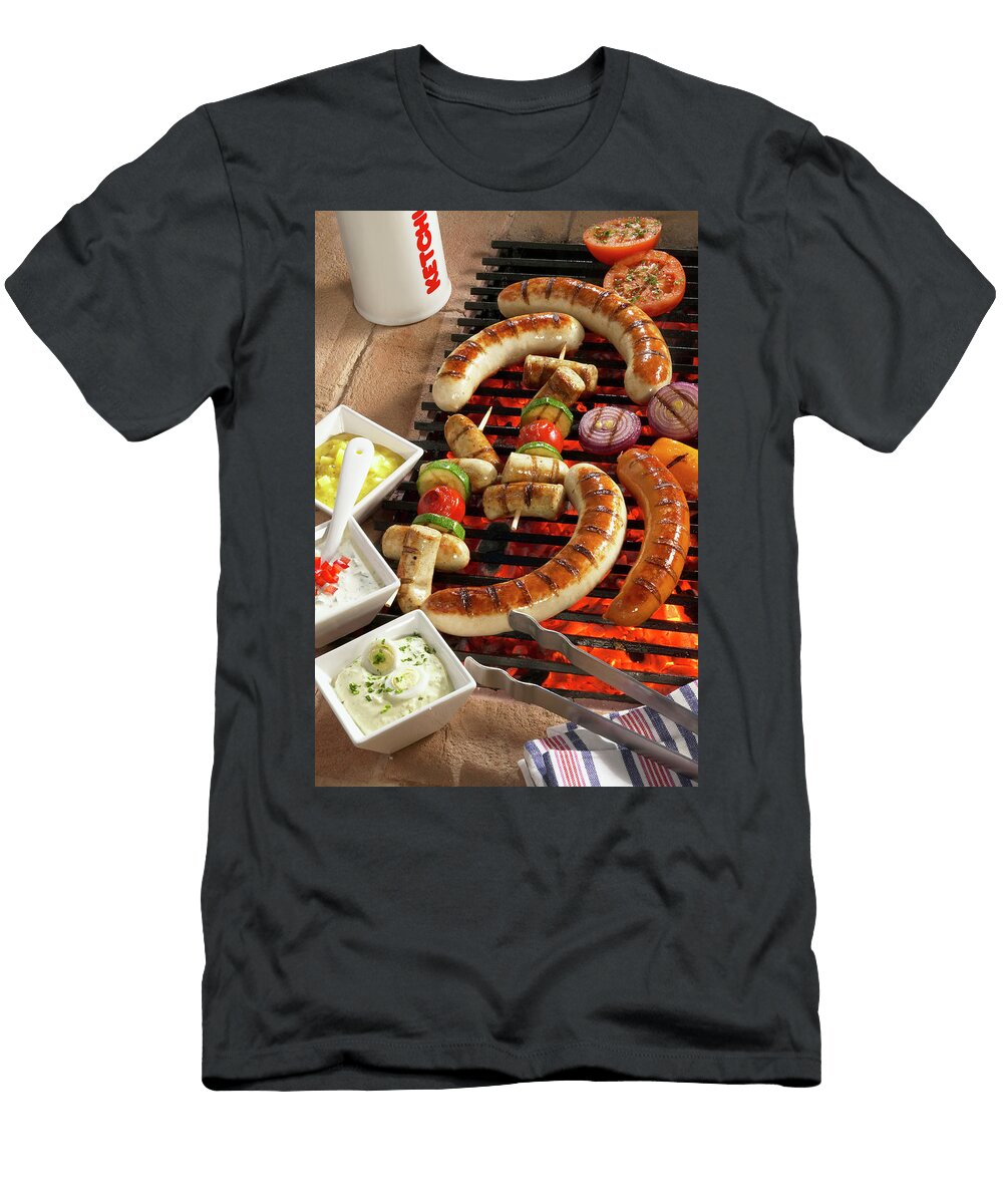 Sausages and Sausage Skewers on a Grill with a Trio of Dips Teubner Foodfoto T-Shirt