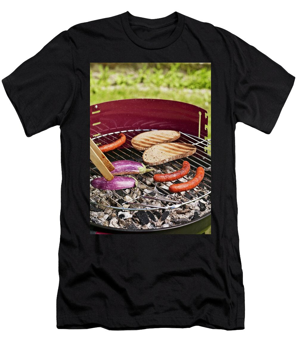 Sausages Aubergines and Slices of Bread on a Barbecue Till Melchior T-Shirt