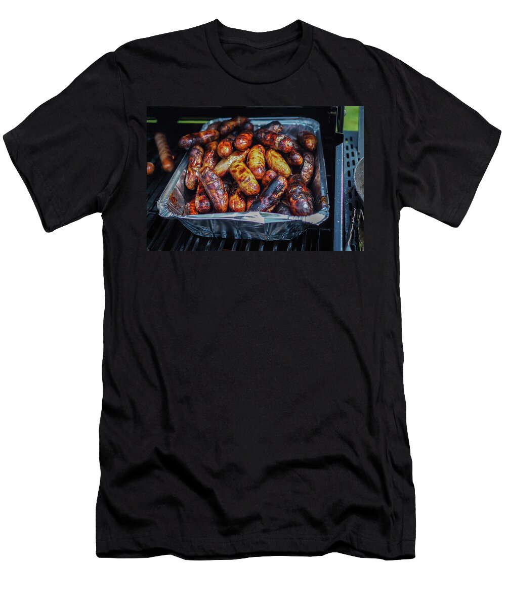Sausages in an Aluminium Tray on a Gas Grill Lara Jane Thorpe T-Shirt