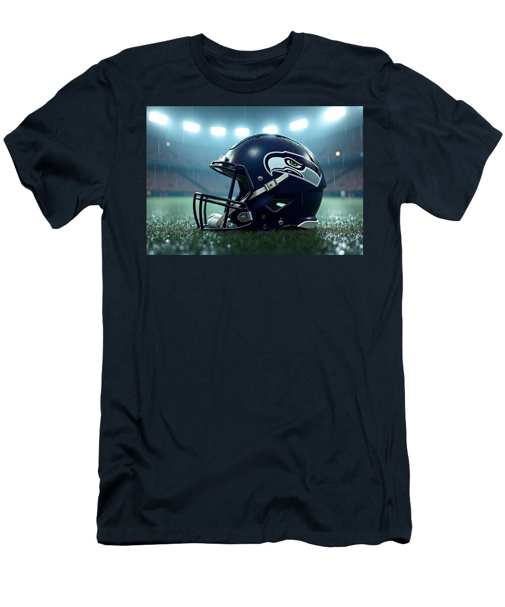 Seattle Seahawks Football Helmet in Stadium Kevin Walker and Pixel Reverie T-Shirt