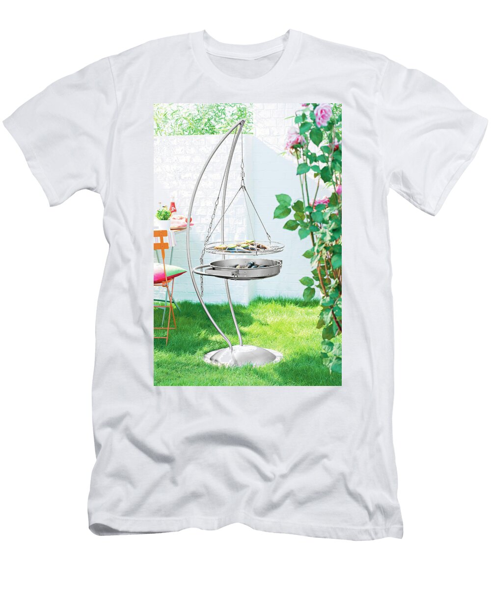Silver Pan and Chrome Grill Made of Stainless Steel Hanging in Garden Jalag Jan C Brettschneider T-Shirt