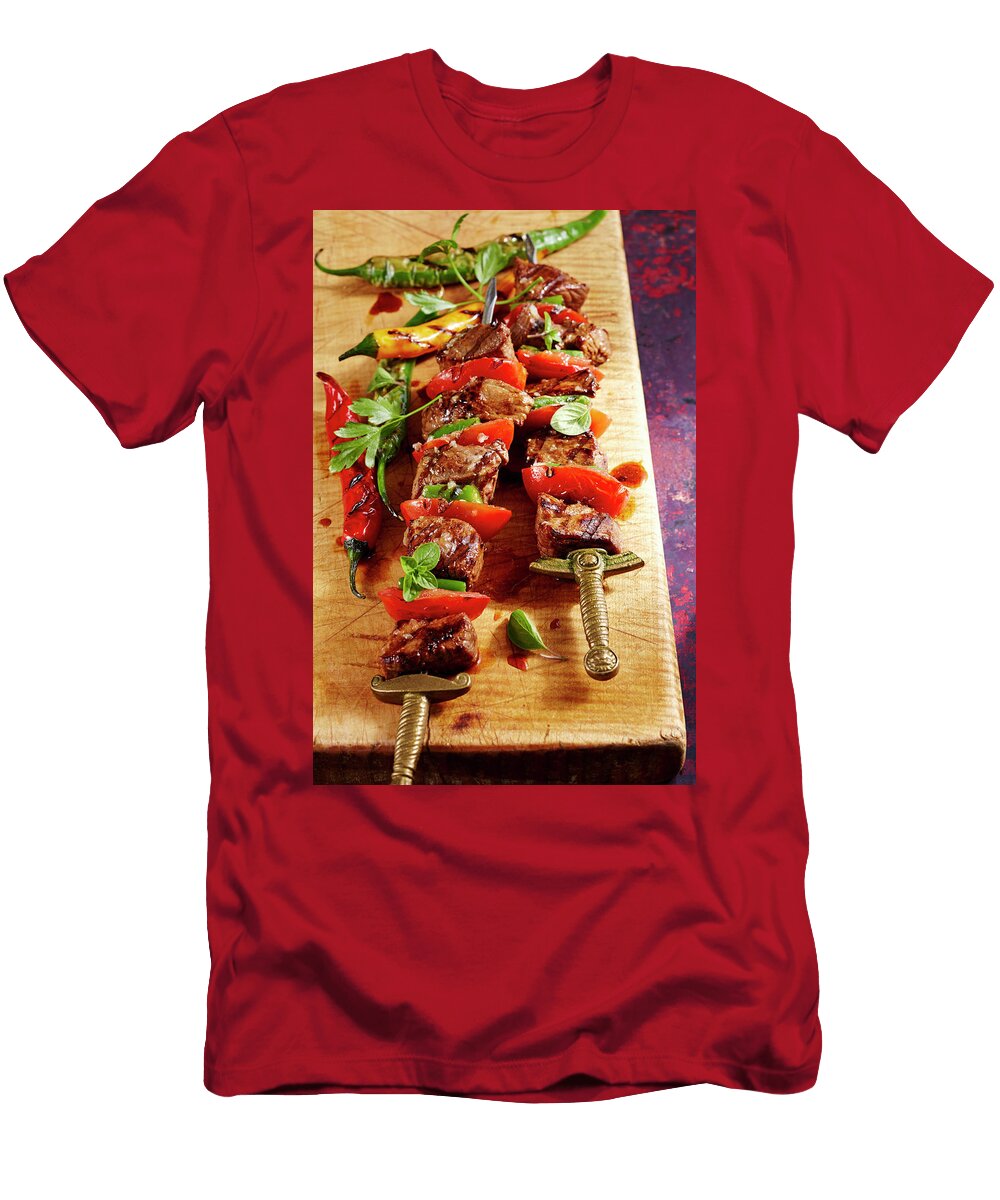 Sish Kebab Grilled Turkish Lamb Skewers with Jalapenos Oregano Parsley and Tomatoes Teubner Foodfoto T-Shirt
