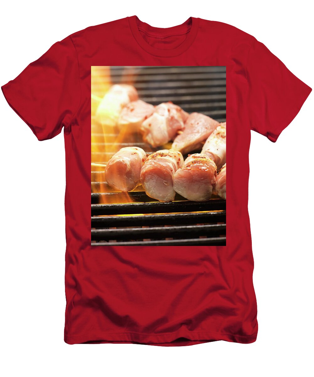 Skewers of Pork Fillet Wrapped in Bacon on the Barbecue Eising Studio Food Photo Video T-Shirt