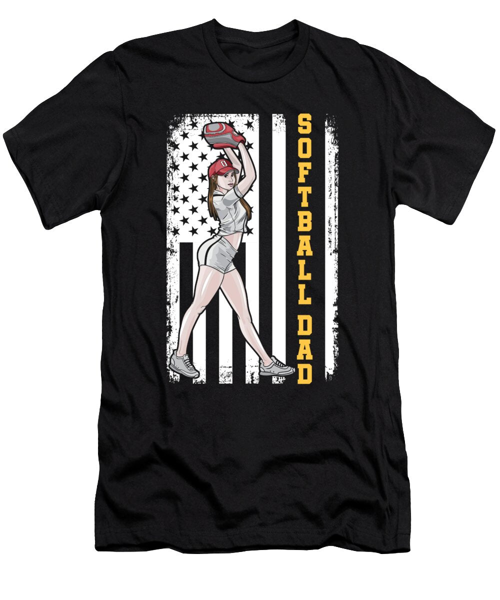 Softball US Flag Batter Catcher Pitcher Softball Dad Crazy Squirrel T-Shirt