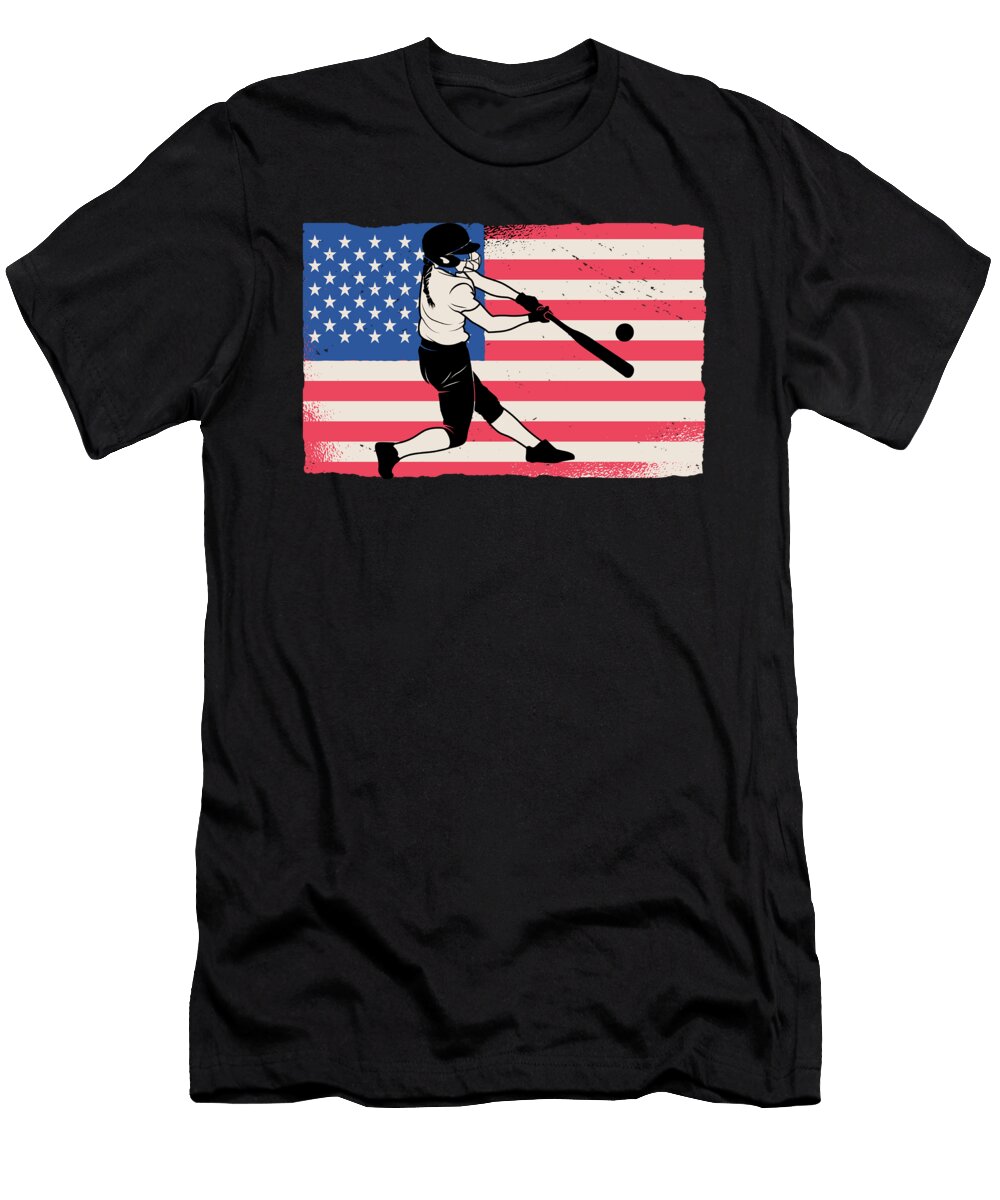 Softball US Flag Batter Pitcher Catcher Softball Crazy Squirrel T-Shirt