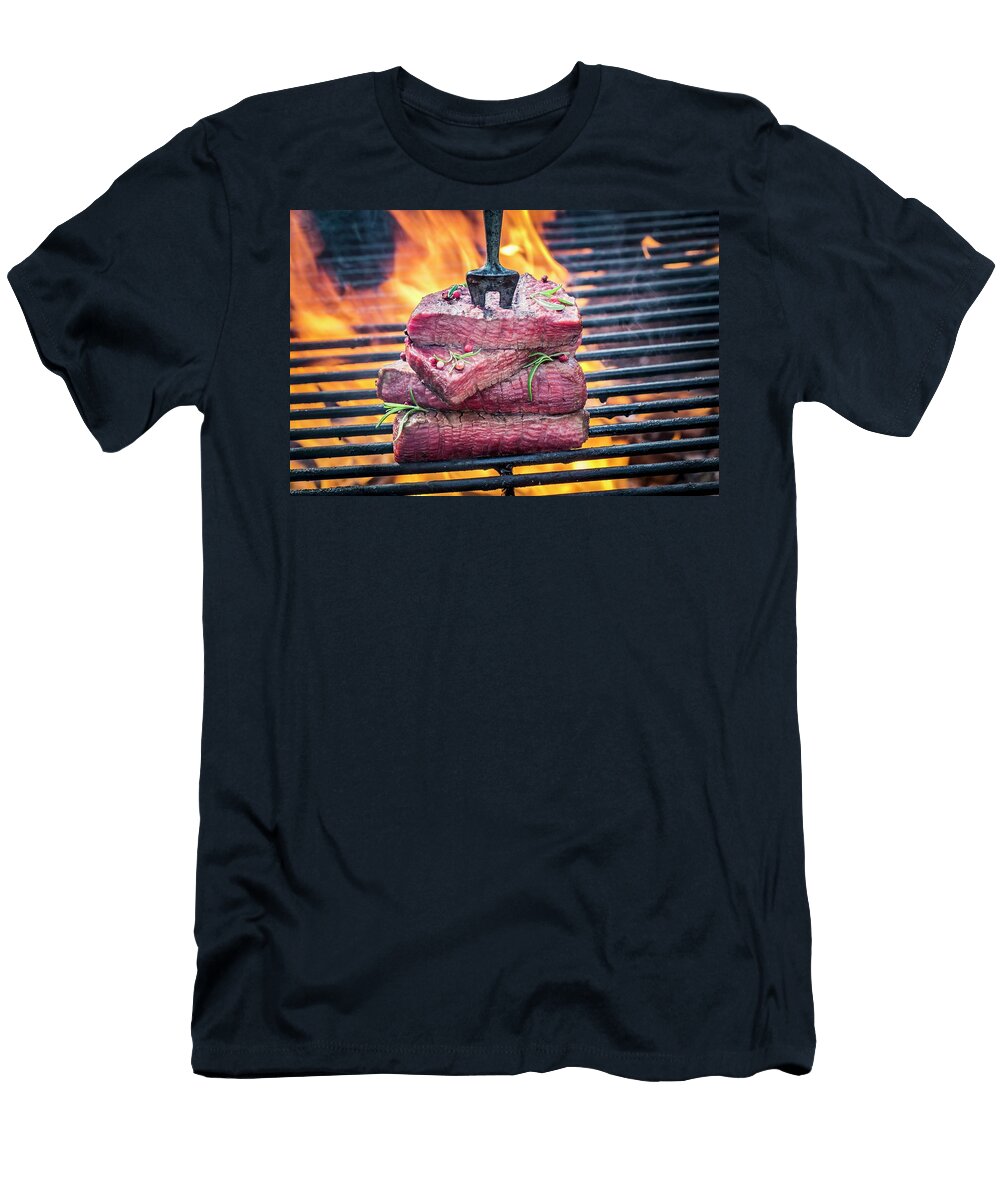 Stakes on a Meat Fork on a Barbecue with Rosemary and Pepper Shaiith T-Shirt