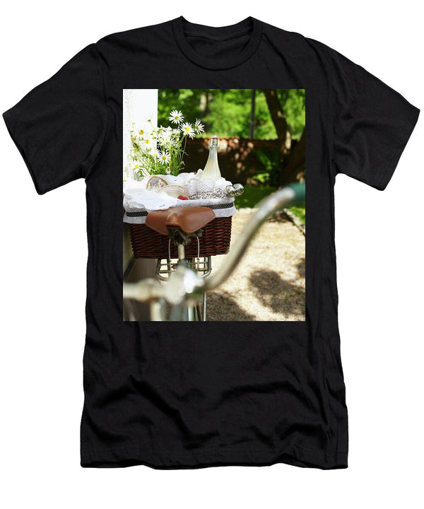 Strawberries and Lemongrass Lemonade in Picnic Basket on Bicycle in Garden Hannah Kompanik T-Shirt
