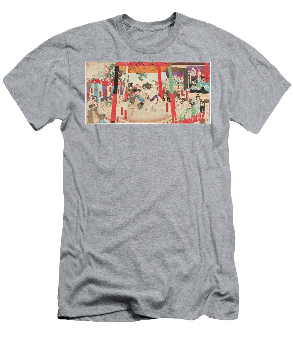 Sumo Fight in Front of Toyotomi Hideyoshi 1537 1598 and Kato Kiyomasa 1562 1611 1884 Toyonobu Utagawa T-Shirt