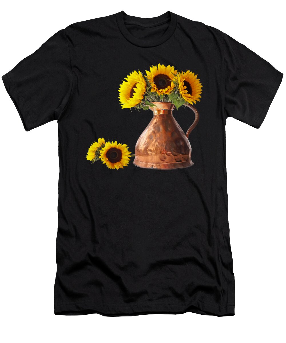 Sunflowers in Copper Pitcher on Black Square Gill Billington T-Shirt