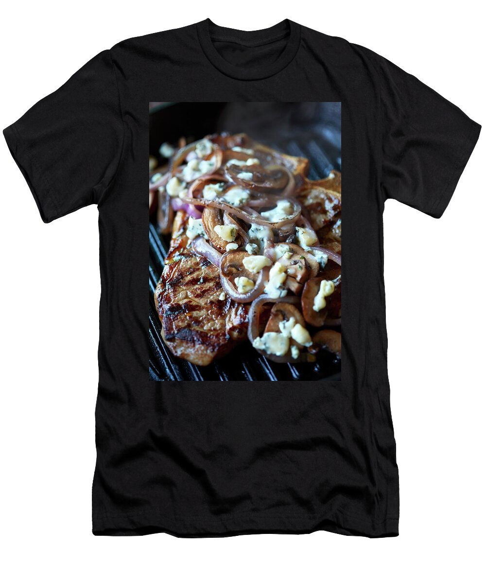T Bone Steak with Onions and Blue Cheese on a Grill Brenda Spaude T-Shirt