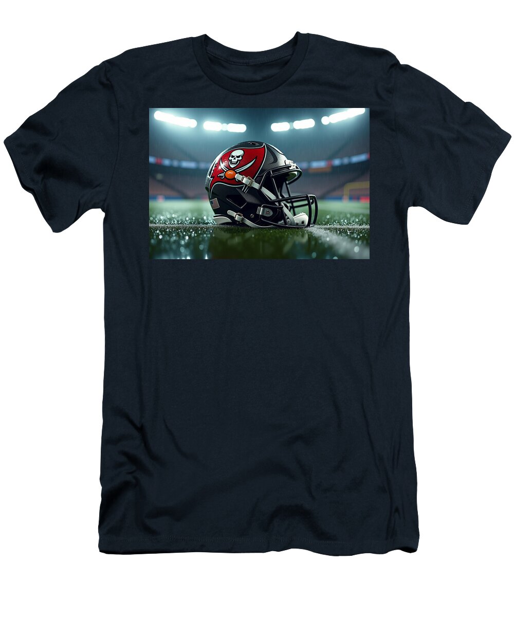 Tampa Bay Buccaneers Football Helmet on Rainy Field Kevin Walker and Pixel Reverie T-Shirt