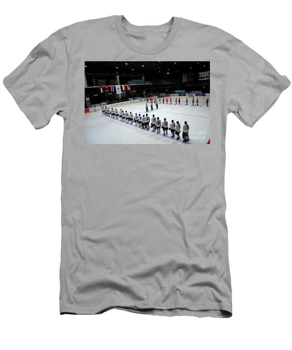 Thailand and Mongolia Ice Hockey Teams Stand for National Anthem in Rink Bangkok Thailand Imran Ahmed T-Shirt