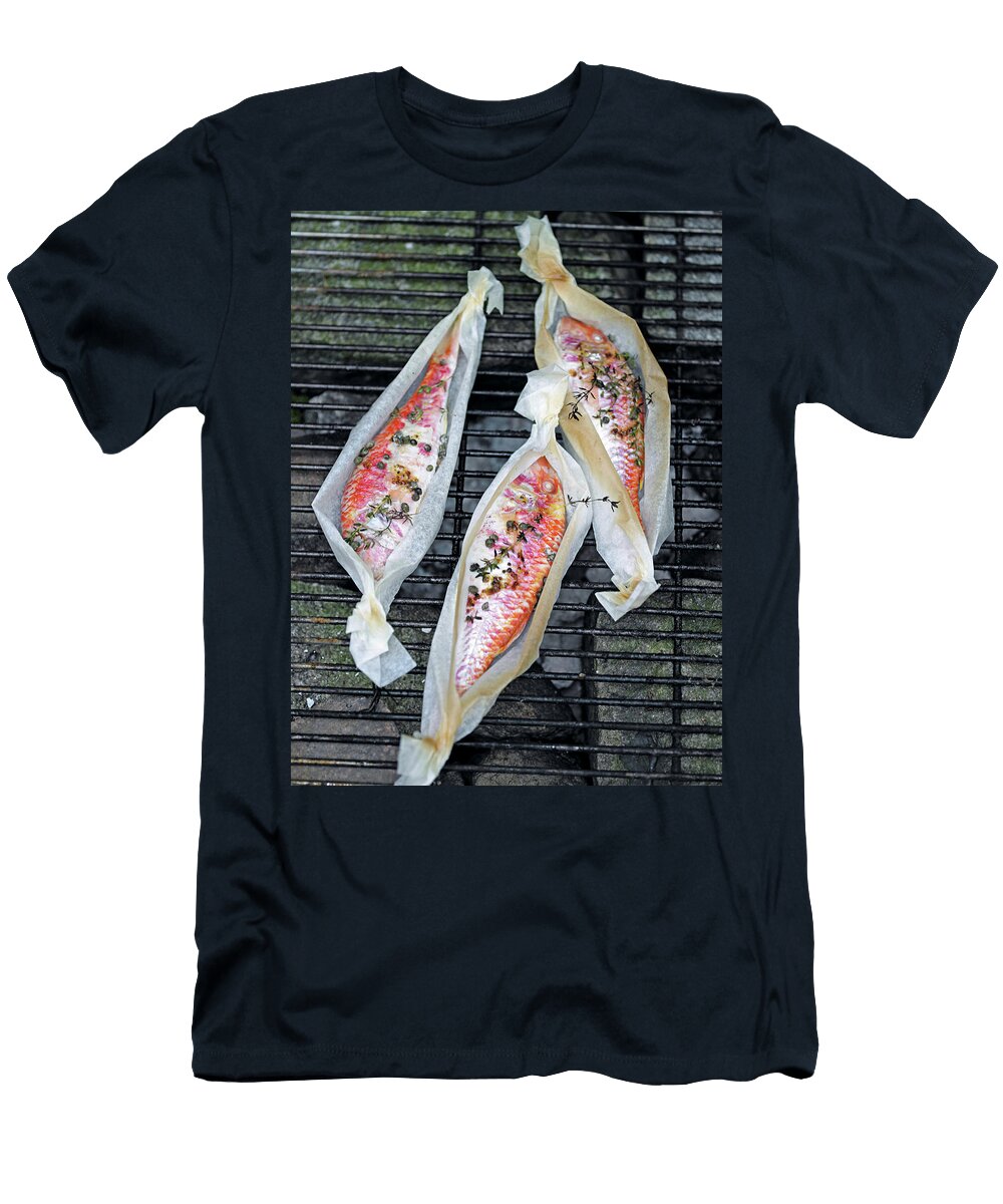 Three Mullet Fish with Capers and Thyme in Packets on Grill Jalag Wolfgang Kowall T-Shirt