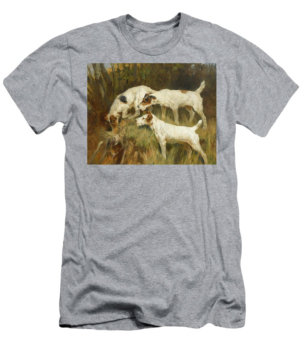 Three Wire Fox Terriers Working a Hole Arthur Wardle T-Shirt