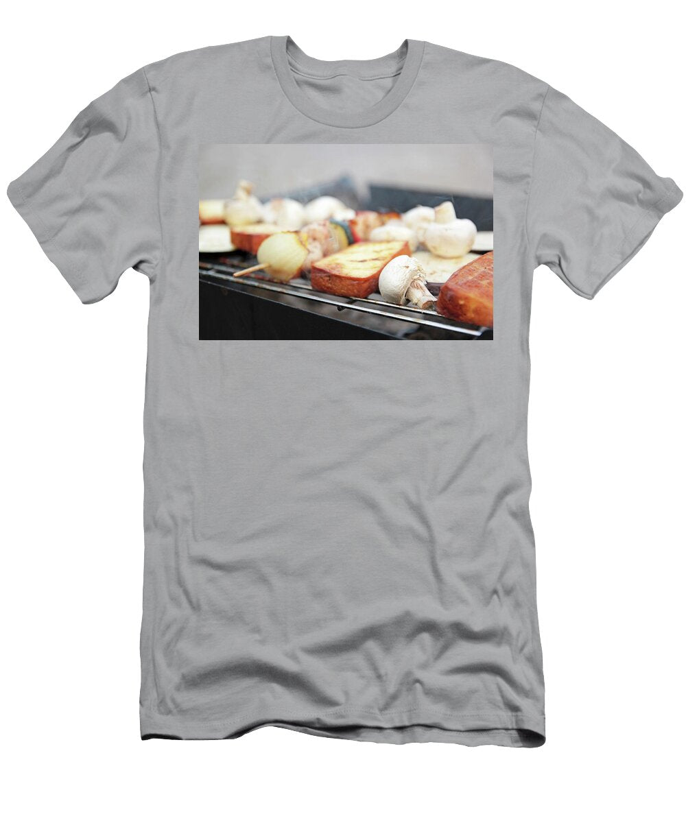 Tofu Slices and Vegetable Skewers with Courgette Onions Mushrooms and Aubergines on the Barbecue Vivi Dangelo T-Shirt