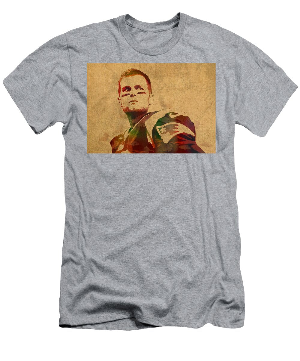 Tom Brady New England Patriots Quarterback Watercolor Portrait on Distressed Worn Canvas Design Turnpike T-Shirt
