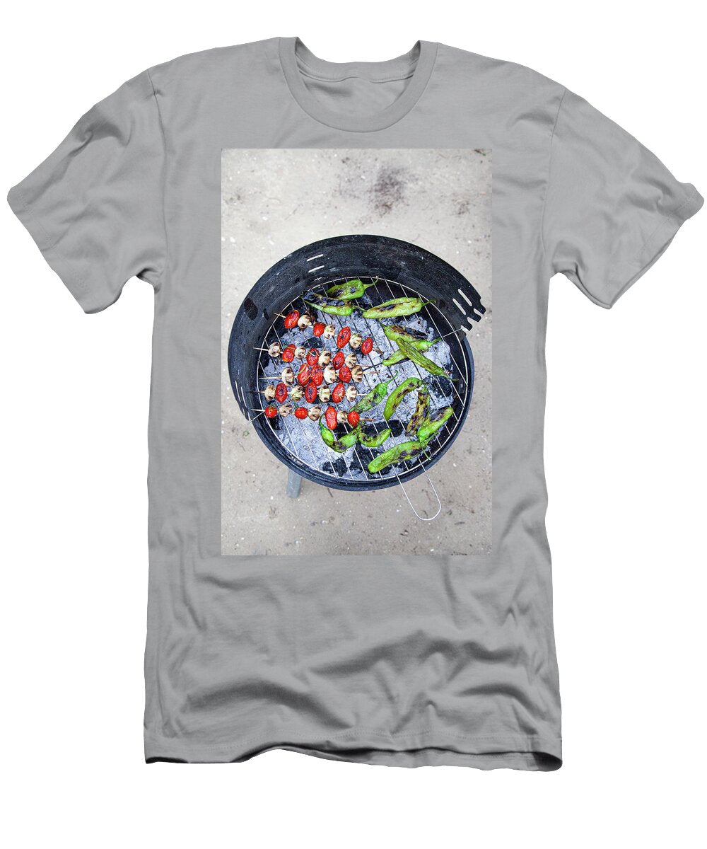 Tomato and Mushroom Skewers and Green Peppers on a Barbecue Julia Skowronek T-Shirt