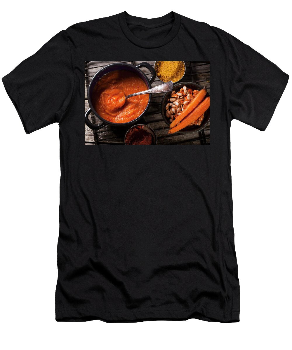 Top View on Pan of Pumpkin Puree Over Old Wooden Table with Spices and Grilled Carrots Natasha Breen T-Shirt