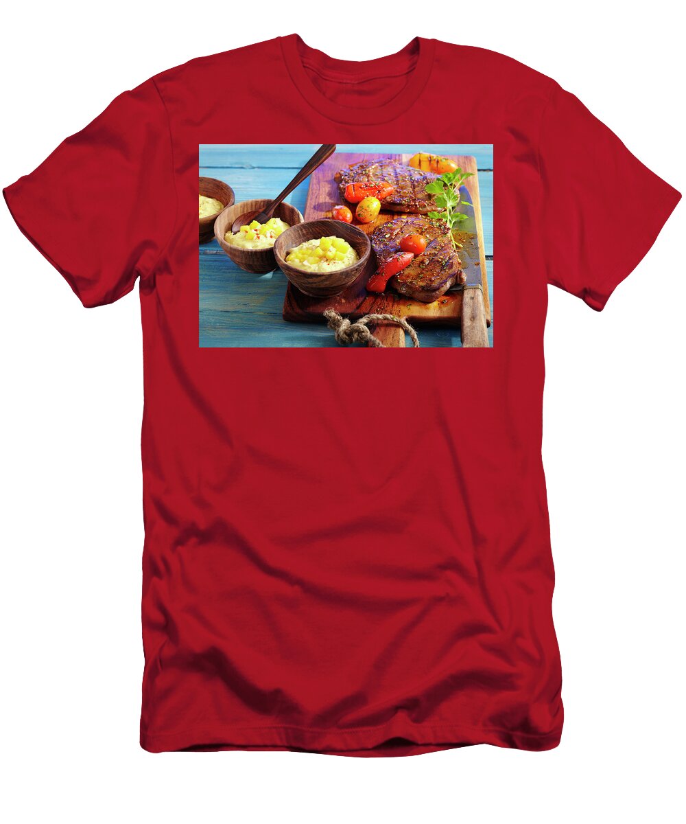 Two Marinated Grilled Club Steaks with a Mango Dip Peppers and Tomatoes Teubner Foodfoto T-Shirt