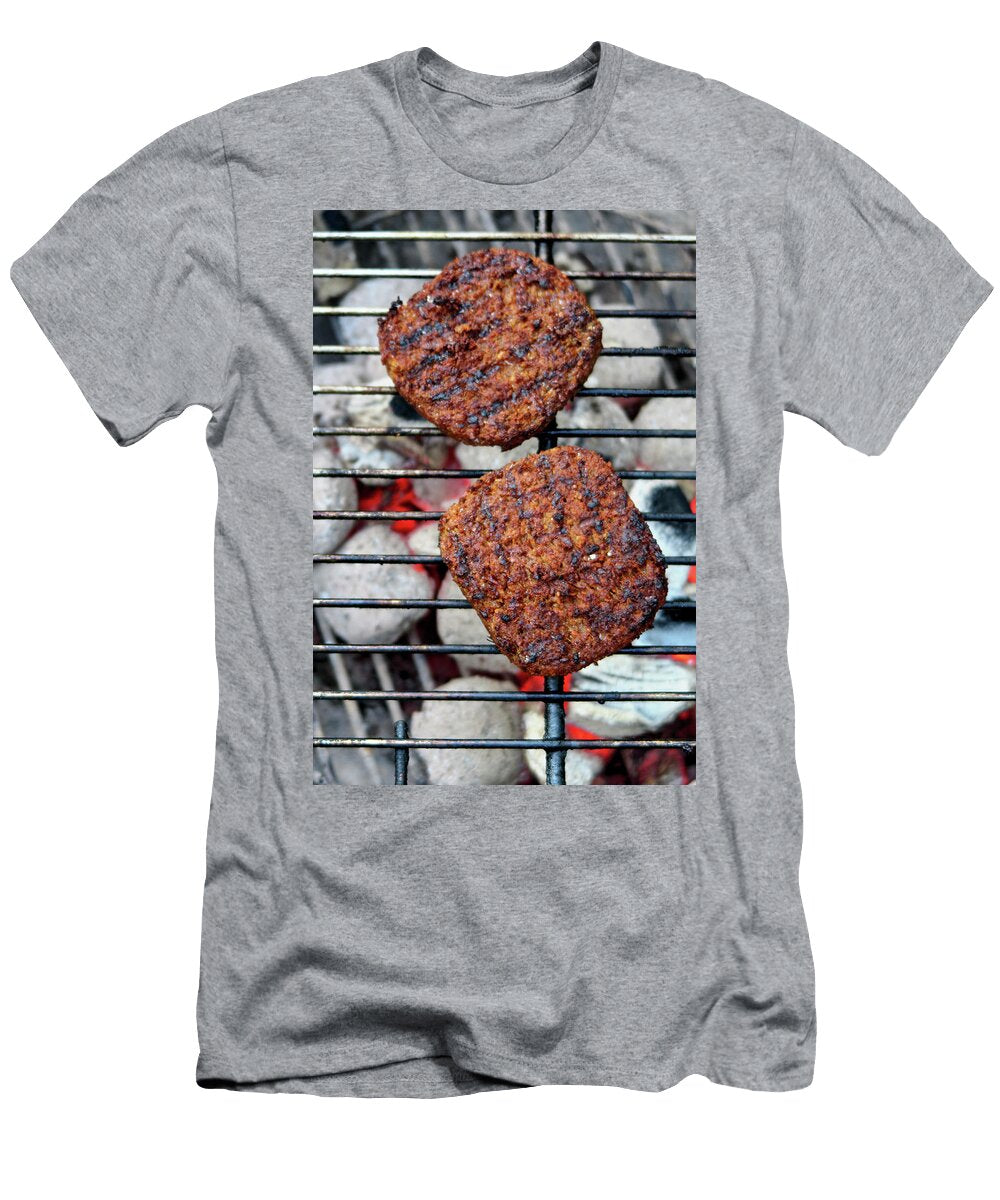 Vegan Burger Patties Over a Charcoal Grill Top View Petr Gross T-Shirt