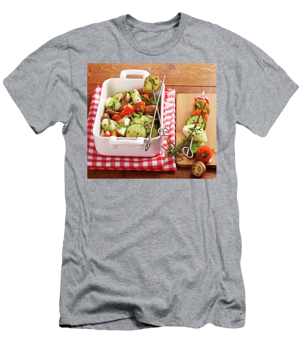 Vegetarian Side Dishes Grilled Marinated Vegetable Kebabs with Courgettes Shiitake Mushrooms Pepper and Herbs Teubner Foodfoto T-Shirt