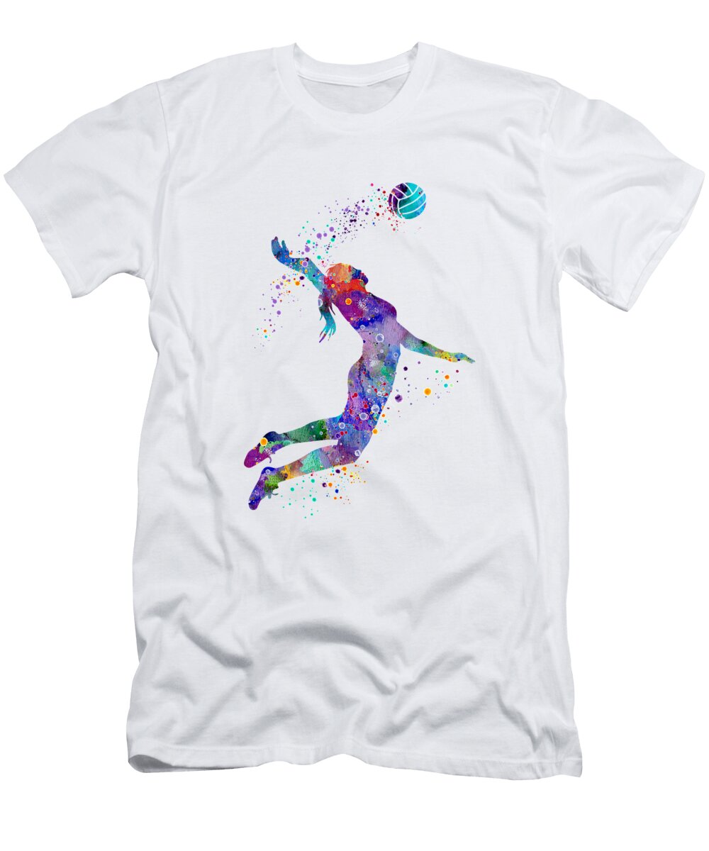 Volleyball Girl Setter Colorful Blue Purple Watercolor Art White Lotus T-Shirt