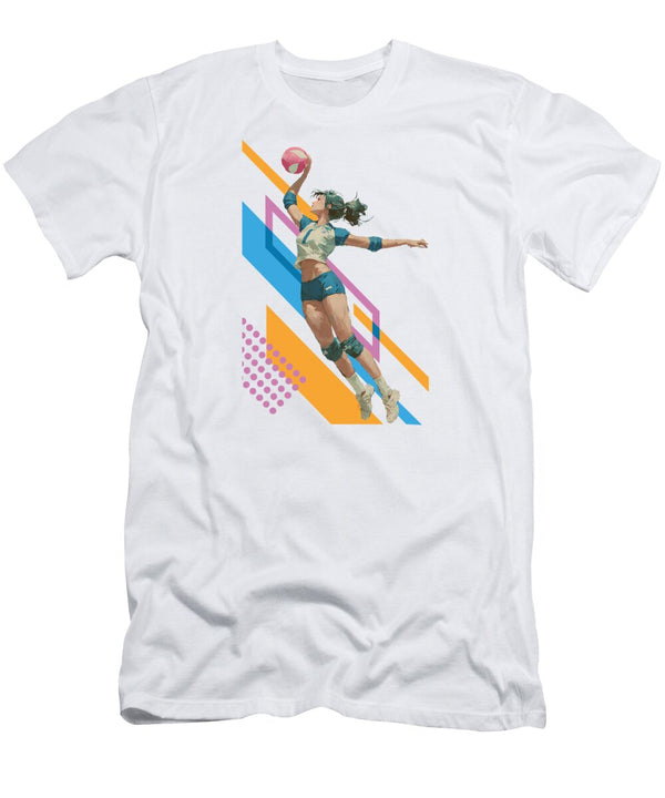 Volleyball Spiker Outside Hitter Action on Striking Geometric Pattern Dream Stuff T-Shirt