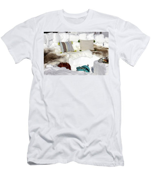 Winter Picnic on Bench Carved From Snow Covered in Furs Susanna Rosn T-Shirt