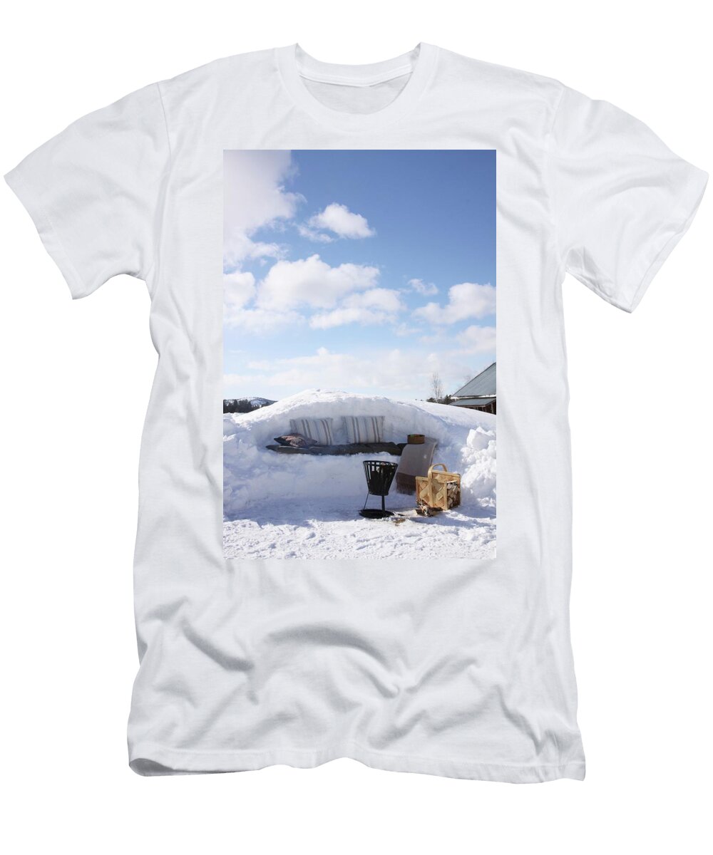 Winter Picnic on Bench Carven From Snow Below Blue Sky Susanna Rosn T-Shirt