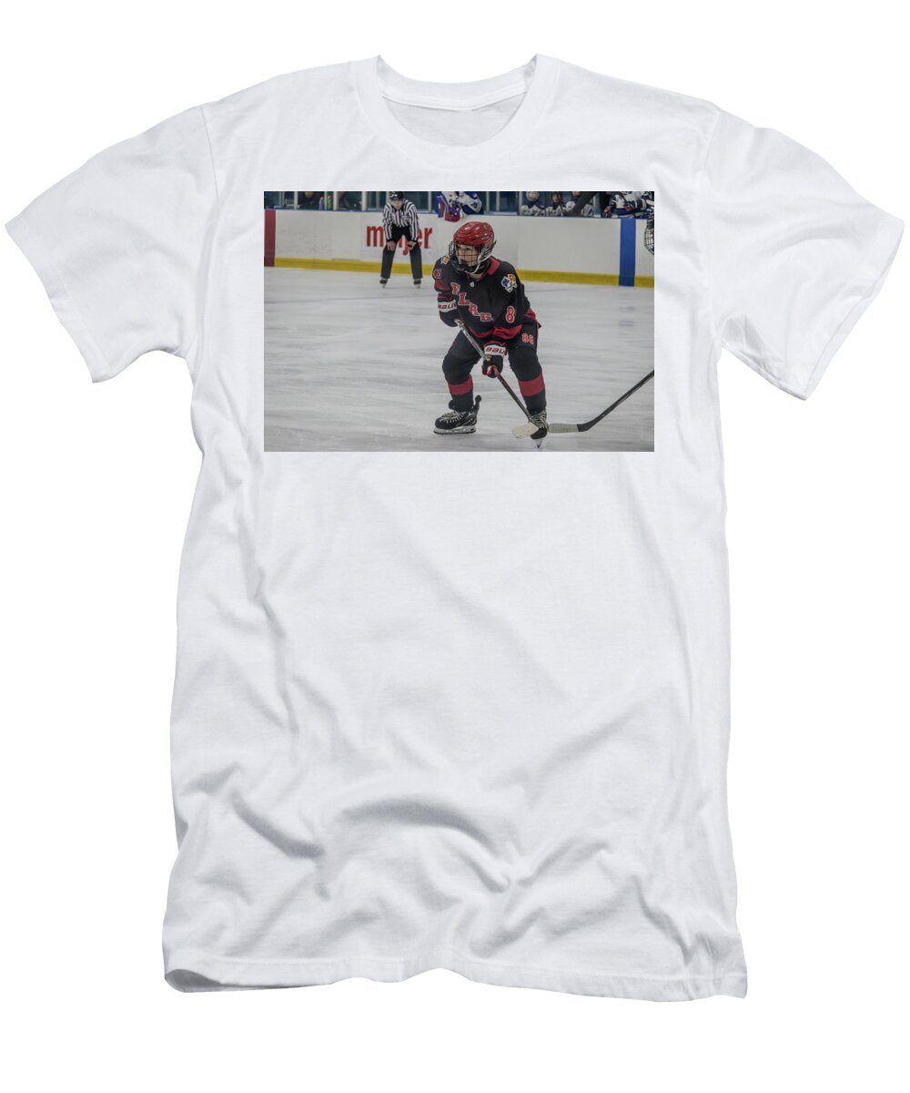 Youth Hockey Player in Black and Red Gear Bill Adams T-Shirt